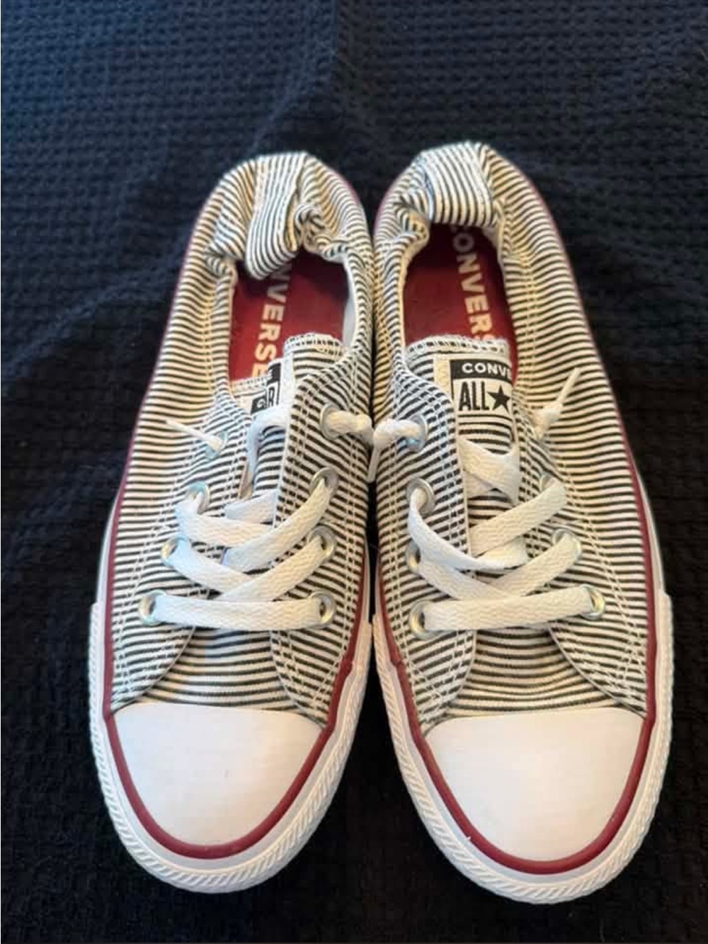 Converse woman’s Striped Low-Top Sneakers in White, Black & Red